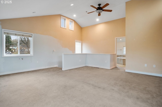 7080 SW Taylors Ferry Rd, Portland, OR 97223 - carpeted empty room featuring ceiling fan, high vaulted ceiling, plenty of natural light, baseboards, and recessed lighting