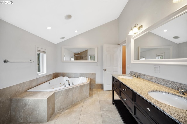 7080 SW Taylors Ferry Rd, Portland, OR 97223 - full bathroom featuring lofted ceiling, a whirlpool tub, double vanity, and recessed lighting