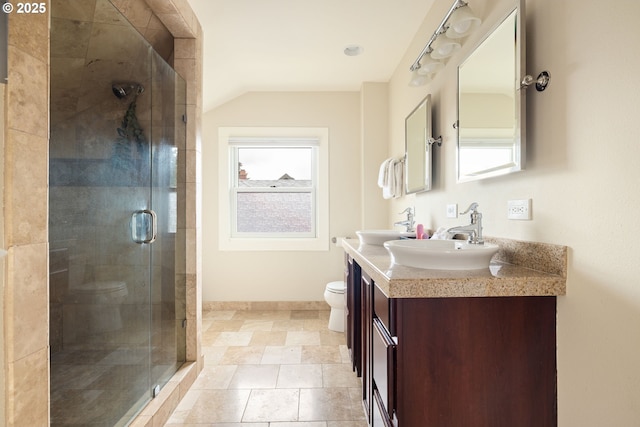 2904 NE 51st Ave, Portland, OR 97213 - full bathroom with double vanity, toilet, a shower stall, and lofted ceiling