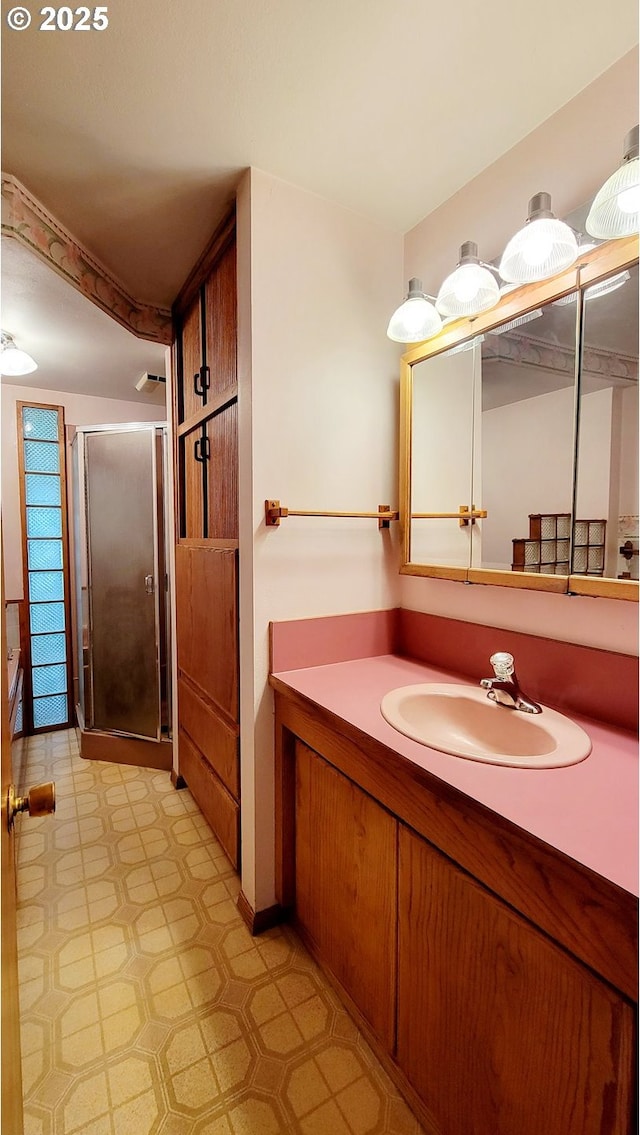 2965 S Myrtle Rd, Myrtle Creek, OR 97457 - bathroom with a stall shower, vanity, and tile patterned floors