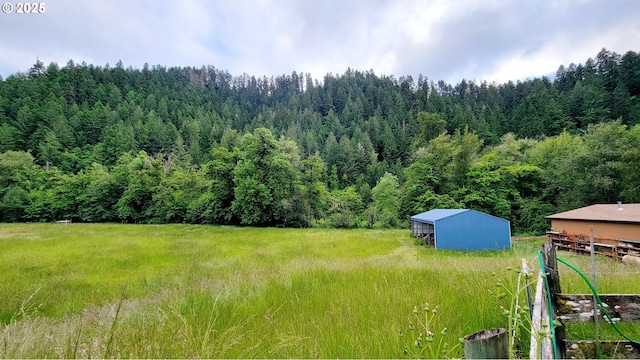 2965 S Myrtle Rd, Myrtle Creek, OR 97457 - view of yard featuring a forest view, a pole building, and an outbuilding