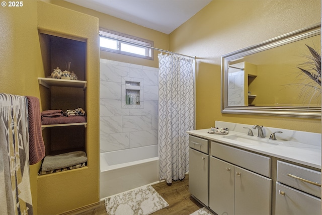 610 NE Sundance Ct, Hillsboro, OR 97124 - full bathroom with vanity, shower / tub combo with curtain, and wood finished floors