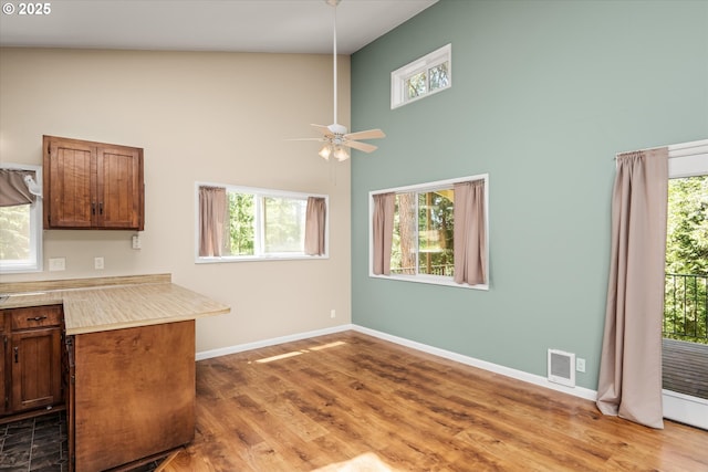 32475 Beymer Rd, Eugene, OR 97405 - kitchen with ceiling fan, light countertops, high vaulted ceiling, baseboards, and healthy amount of natural light