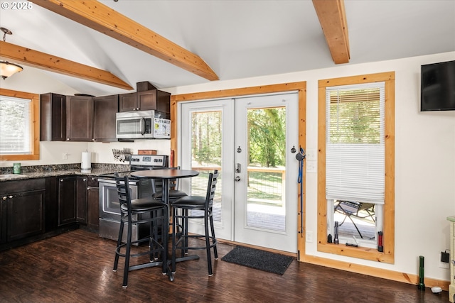 32475 Beymer Rd, Eugene, OR 97405 - kitchen featuring stainless steel appliances, dark countertops, dark wood finished floors, dark brown cabinetry, and french doors