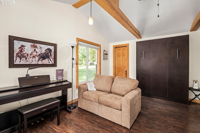 32475 Beymer Rd, Eugene, OR 97405 - living room with dark wood-style floors, beamed ceiling, a ceiling fan, and high vaulted ceiling