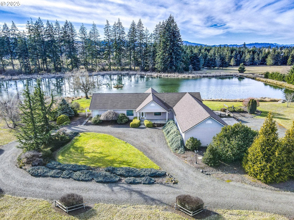 drone / aerial view featuring a water view