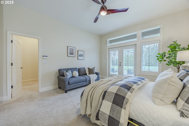 carpeted bedroom featuring baseboards, ceiling fan, french doors, and access to exterior