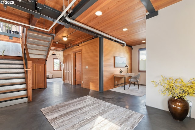 321 Mill St Unit 4, Eugene, OR 97401 - hall featuring wooden ceiling, concrete flooring, recessed lighting, and stairs