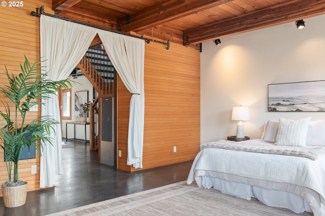 321 Mill St Unit 4, Eugene, OR 97401 - bedroom featuring wood ceiling, wood walls, and beam ceiling