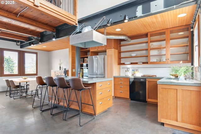 321 Mill St Unit 4, Eugene, OR 97401 - kitchen featuring concrete flooring, open shelves, freestanding refrigerator, and dishwasher