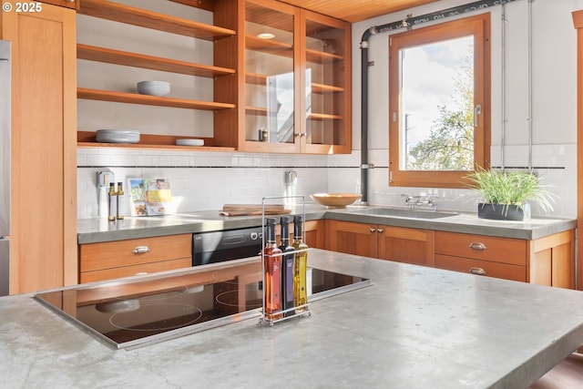 321 Mill St Unit 4, Eugene, OR 97401 - kitchen featuring open shelves, a sink, stainless steel countertops, black electric stovetop, and backsplash