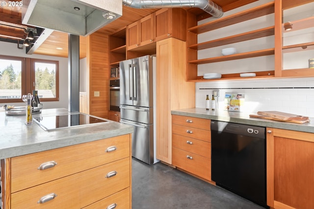 321 Mill St Unit 4, Eugene, OR 97401 - kitchen with finished concrete floors, open shelves, black appliances, light countertops, and backsplash
