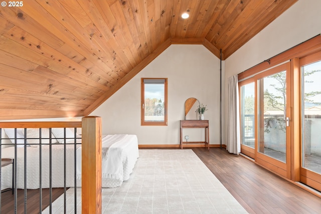 321 Mill St Unit 4, Eugene, OR 97401 - bedroom featuring baseboards, wooden ceiling, wood finished floors, vaulted ceiling, and access to outside