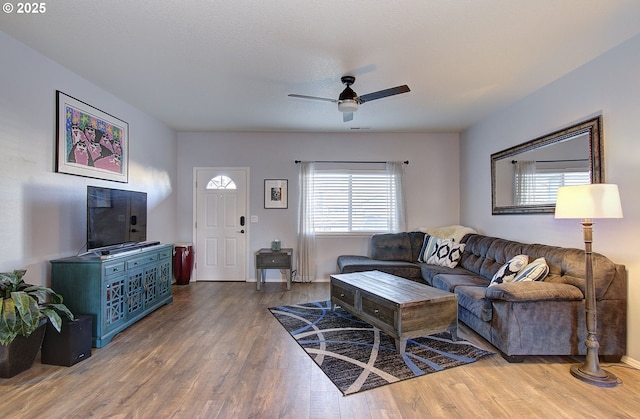 living room with ceiling fan and hardwood / wood-style floors