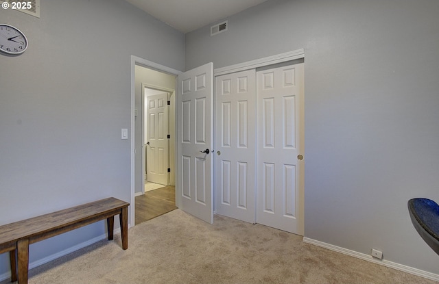 interior space featuring light colored carpet and a closet