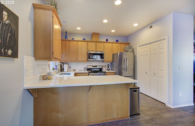 kitchen with appliances with stainless steel finishes, sink, decorative backsplash, kitchen peninsula, and dark wood-type flooring