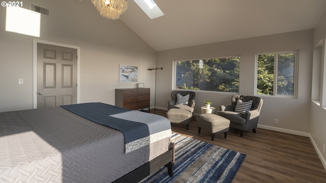 7304 SW Pacific Coast Hwy, Waldport, OR 97394 - bedroom with a skylight, wood finished floors, and high vaulted ceiling