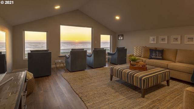 7304 SW Pacific Coast Hwy, Waldport, OR 97394 - cinema room featuring wood finished floors, vaulted ceiling, and recessed lighting