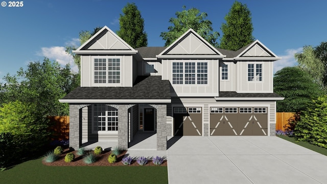 17733 NW Layla Ter Lot 6, Portland, OR 97229 - view of front facade with stone siding, a garage, concrete driveway, and roof with shingles
