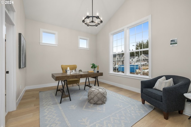 17733 NW Layla Ter Lot 6, Portland, OR 97229 - office area featuring a chandelier, light wood-style floors, baseboards, and vaulted ceiling