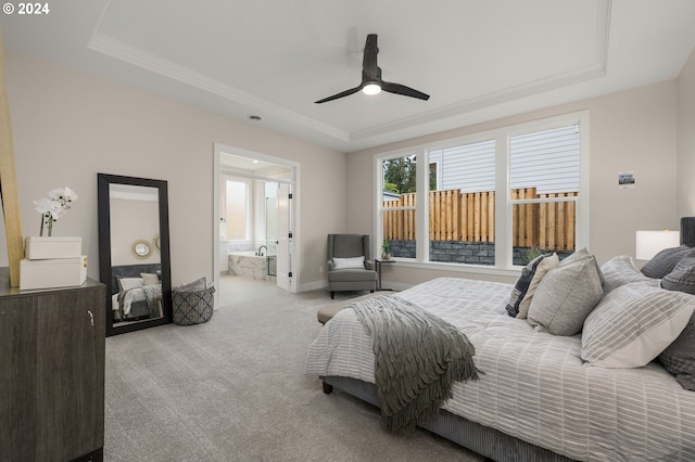 17733 NW Layla Ter Lot 6, Portland, OR 97229 - carpeted bedroom featuring a tray ceiling, crown molding, connected bathroom, ceiling fan, and baseboards