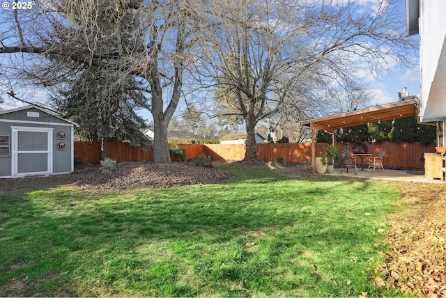 view of yard with a storage shed and a patio