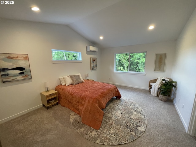 carpeted bedroom featuring an AC wall unit, multiple windows, lofted ceiling, recessed lighting, and baseboards