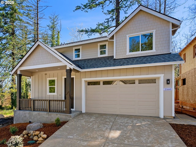 view of front of house featuring covered porch, roof with shingles, board and batten siding, driveway, and an attached garage
