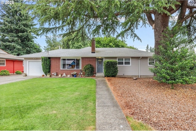 184 NE 10th Ave, Canby, OR 97013 - ranch-style house featuring a chimney, an attached garage, a front lawn, driveway, and brick siding