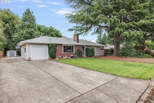 184 NE 10th Ave, Canby, OR 97013 - single story home featuring an attached garage, concrete driveway, a chimney, a front lawn, and a storage unit