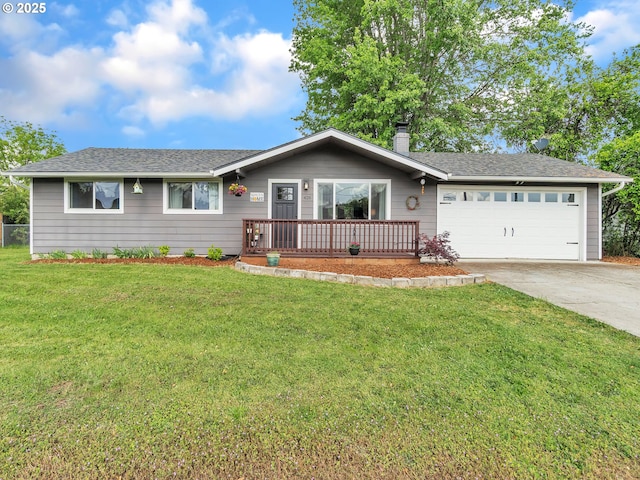 426 NE Hill St, Sheridan, OR 97378 - ranch-style home with an attached garage, driveway, a front yard, and a shingled roof