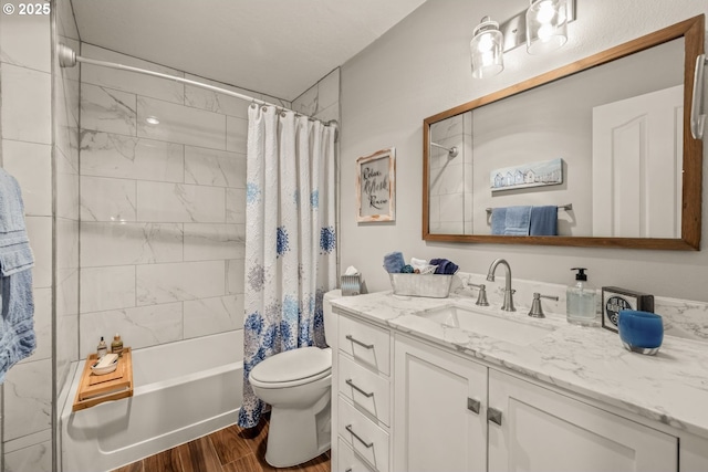 full bathroom featuring toilet, vanity, shower / bath combination with curtain, and hardwood / wood-style flooring