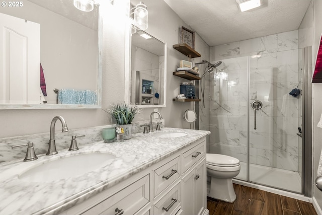 bathroom with vanity, a textured ceiling, toilet, and an enclosed shower