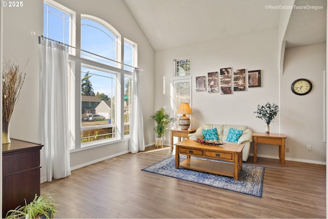 sitting room with wood-type flooring and high vaulted ceiling