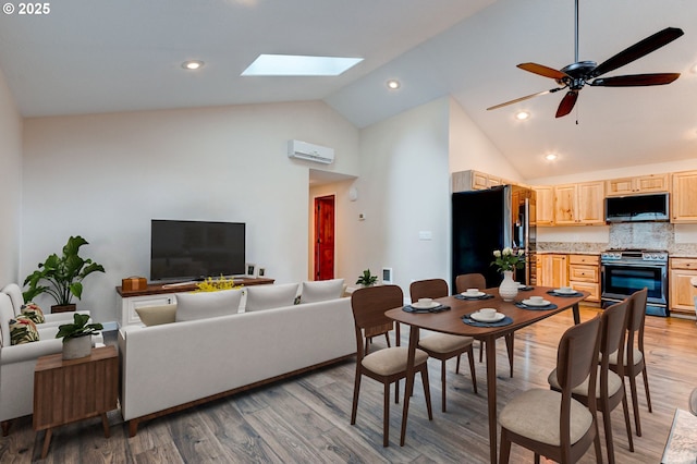 dining room with recessed lighting, a ceiling fan, high vaulted ceiling, light wood-type flooring, and a wall mounted air conditioner