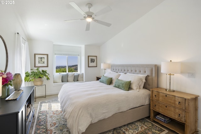 17385 NE Fairview Dr, Dundee, OR 97115 - bedroom featuring light wood-style floors, baseboards, ceiling fan, and lofted ceiling