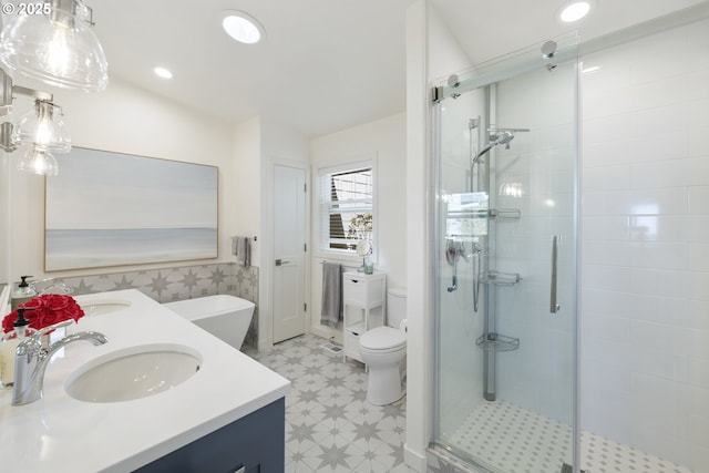 17385 NE Fairview Dr, Dundee, OR 97115 - bathroom featuring a shower stall, double vanity, tile patterned floors, toilet, and lofted ceiling