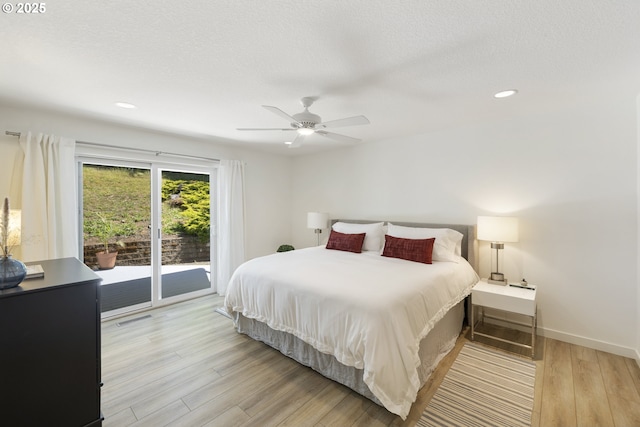 17385 NE Fairview Dr, Dundee, OR 97115 - bedroom featuring access to outside, light wood-style flooring, recessed lighting, baseboards, and a ceiling fan