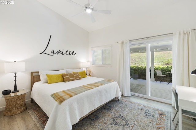 17385 NE Fairview Dr, Dundee, OR 97115 - bedroom featuring access to exterior, wood finished floors, high vaulted ceiling, baseboards, and ceiling fan