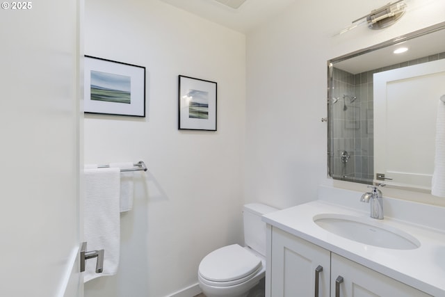 17385 NE Fairview Dr, Dundee, OR 97115 - bathroom with toilet, vanity, a shower, and baseboards