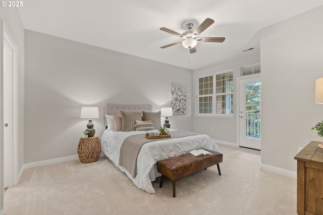 bedroom with baseboards, visible vents, light carpet, and access to exterior