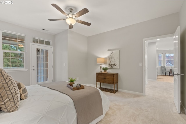 bedroom featuring visible vents, carpet, ceiling fan, and baseboards