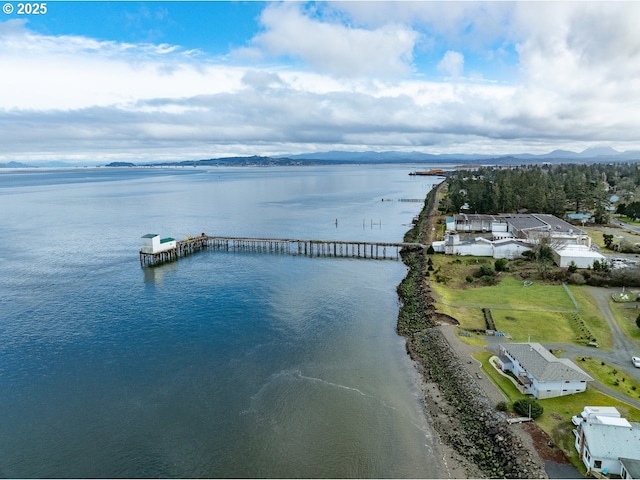 drone / aerial view featuring a water and mountain view