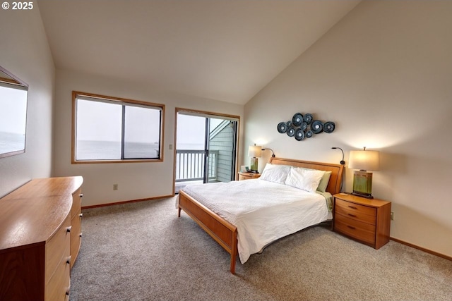 carpeted bedroom featuring access to exterior, high vaulted ceiling, and baseboards