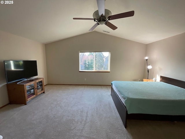 bedroom featuring a ceiling fan, visible vents, light carpet, lofted ceiling, and baseboards