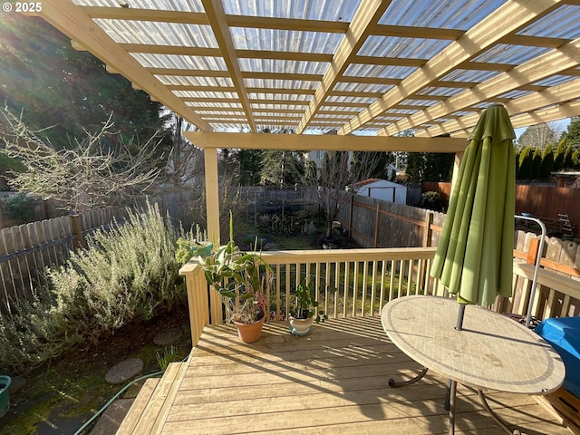 wooden terrace with a fenced backyard and a pergola