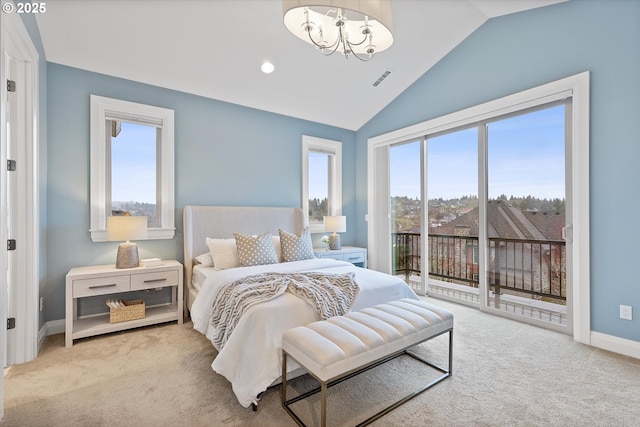 carpeted bedroom featuring visible vents, access to outside, baseboards, a chandelier, and vaulted ceiling