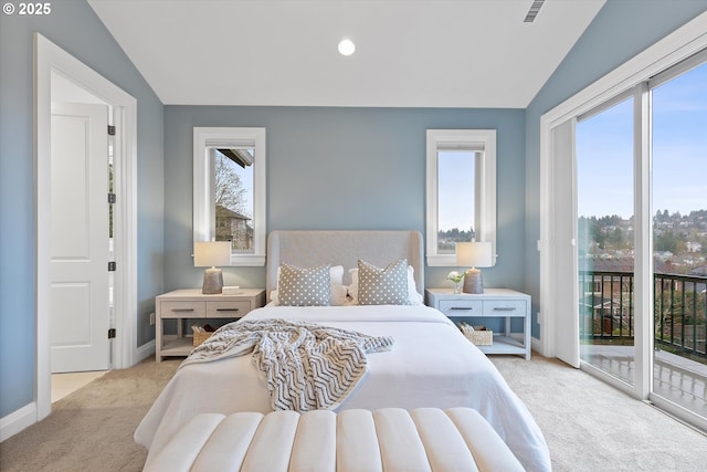 bedroom with carpet, visible vents, baseboards, vaulted ceiling, and access to outside