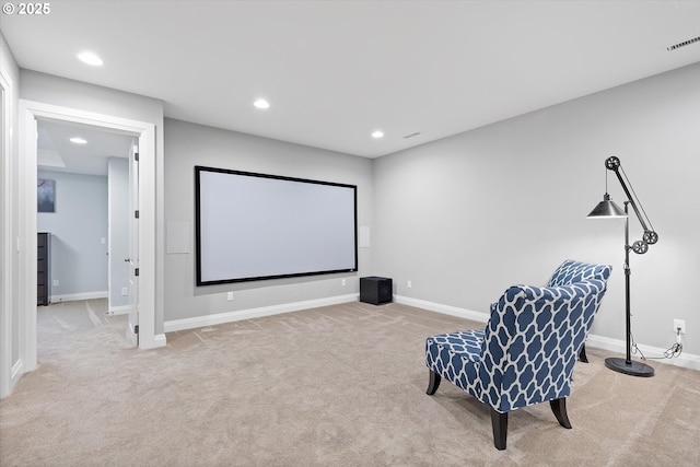 carpeted cinema room featuring visible vents, recessed lighting, and baseboards