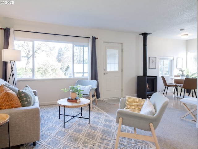 living room featuring a textured ceiling, a wood stove, a wealth of natural light, and baseboards